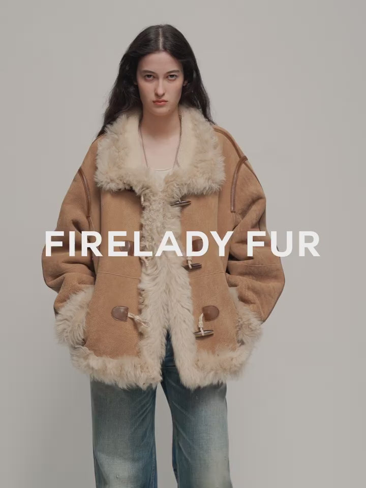 Firelady Fur Women's Shearling Coat | Merino Wool & Curly Toca Trim, Imported Two-Tone Plush Shawl Collar“Galaxy Gala”