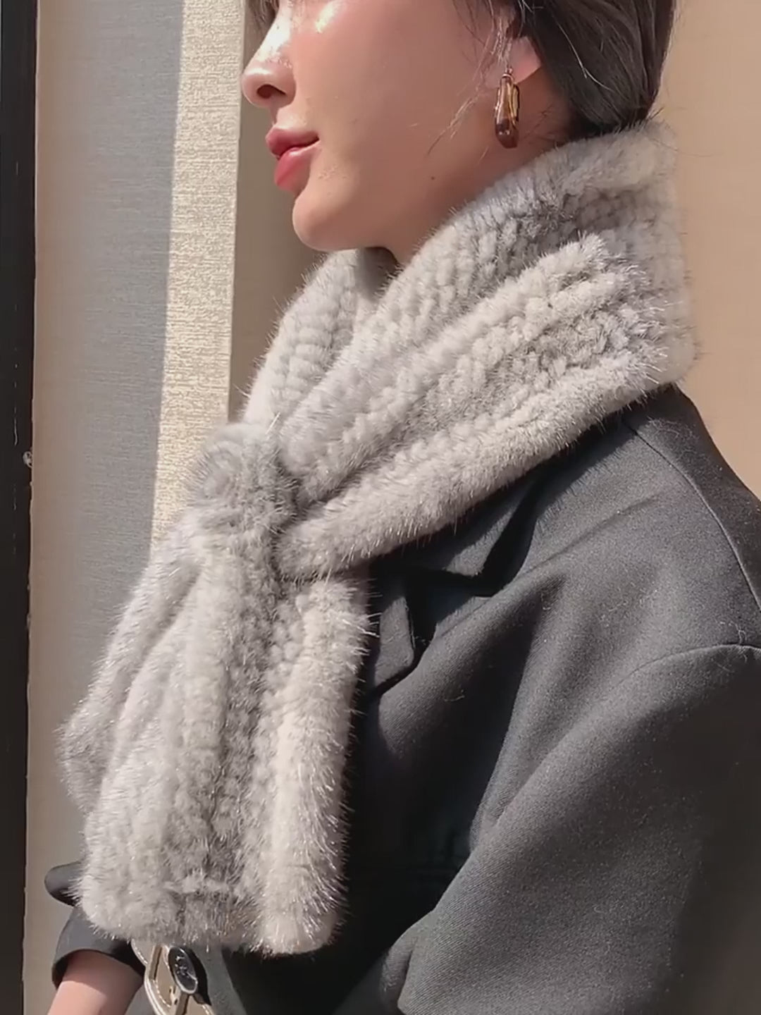 Silver gray mink flower scarf styling video - Fireladyfur