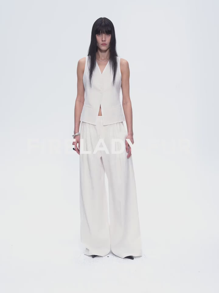 Fireladyfur Women's Linen Suit Set: Draped Vest & High-Waist Straight Trousers"Old Money Space"