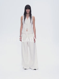 Fireladyfur Women's Linen Suit Set: Draped Vest & High-Waist Straight Trousers"Old Money Space"