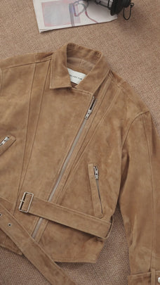 Firelady Fur Women's Two-Tone Waxed Sheepskin Leather Jacket-Belted Lapel Short Coat "Modern Queen"