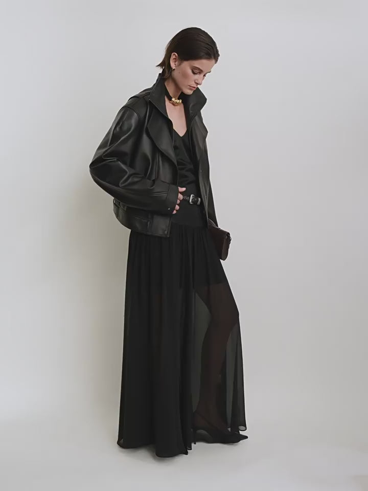 THE ARTM Women’s Double-Lapel Lambskin Leather Jacket, Premium Natural Material
