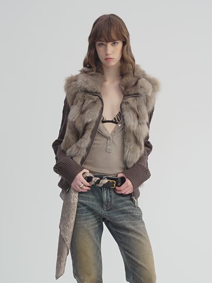 Moss Rock Brown Saga fox fur jacket styled with denim for winter layering