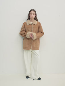 Manteau réversible pour femme Firelady en faux daim et imitation peau lainée – Col tailleur