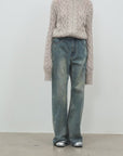 "Denim Shadow"retro washed printed layered casual slimming cotton bootcut jeans