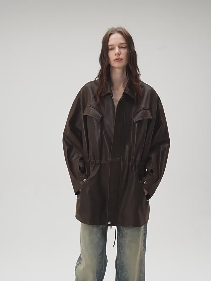 Firelady Fur Women's Waxed Sheepskin Leather Jacket - Drawstring Waist Workwear Style "Time Traveler"
