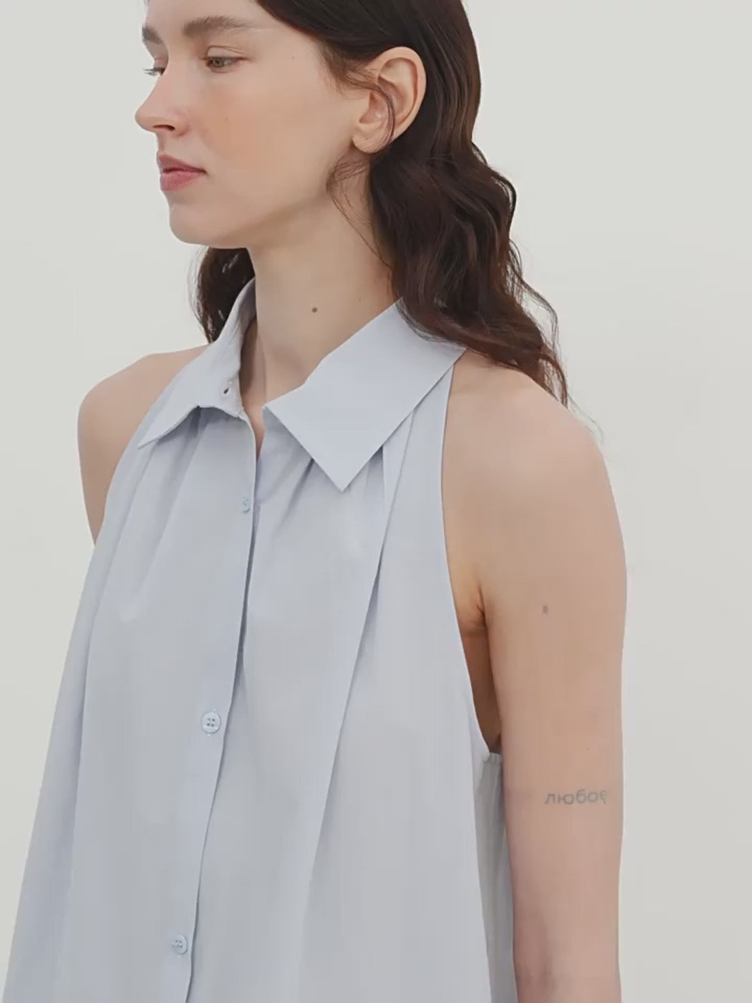 "Poland Island" imported pure cotton stand-up collar sleeveless striped shirt temperament top for women