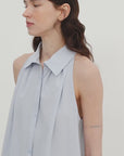 "Poland Island" imported pure cotton stand-up collar sleeveless striped shirt temperament top for women