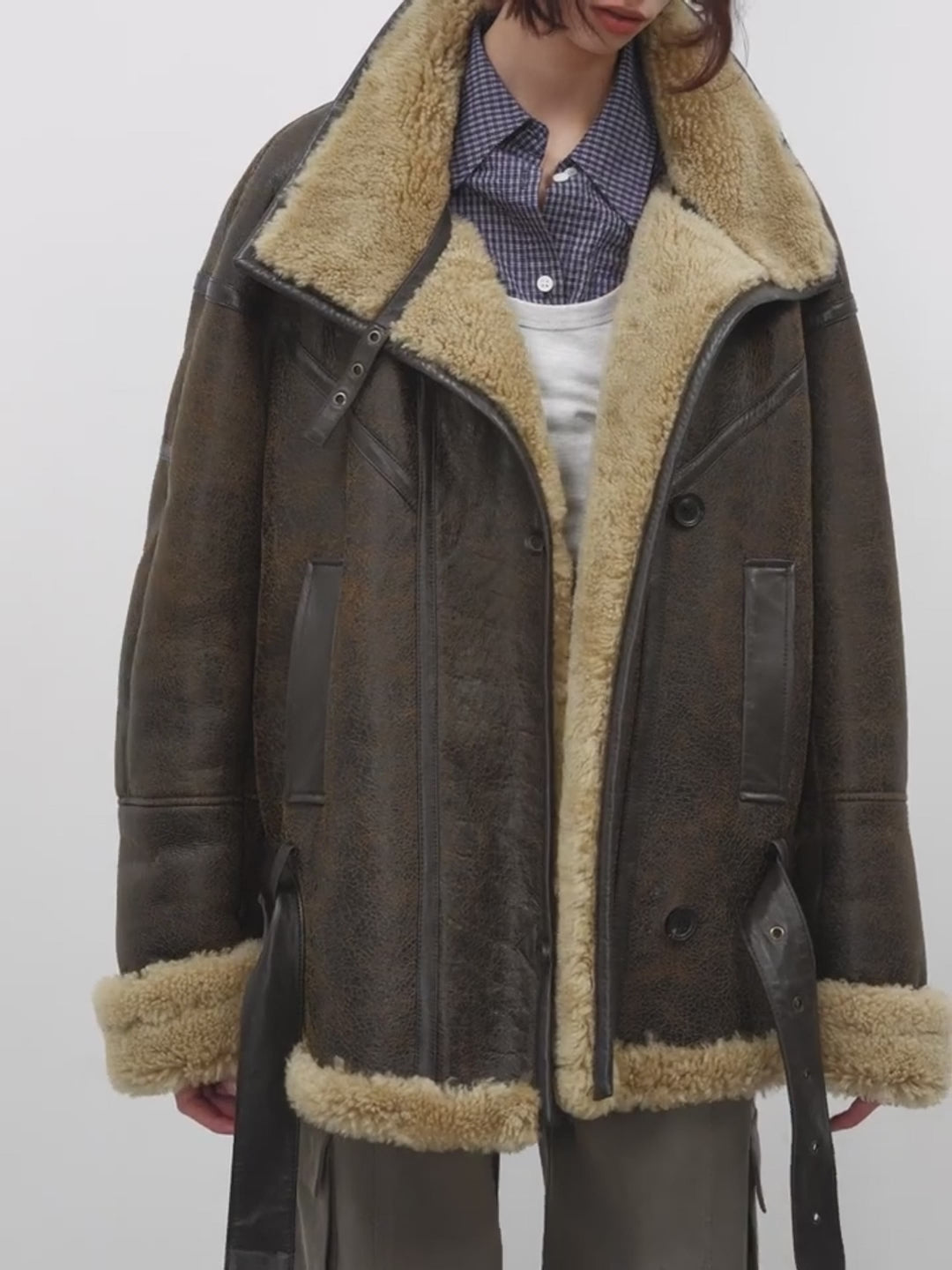 Manteau en peau lainée pour femme Fireladyfur - Style motard à revers, laine mérinos importée