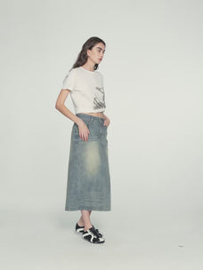 "Dawn Denim" retro old enzyme washed mid-low waist slim fishtail flared slim denim skirt