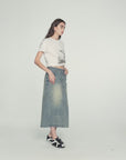 "Dawn Denim" retro old enzyme washed mid-low waist slim fishtail flared slim denim skirt