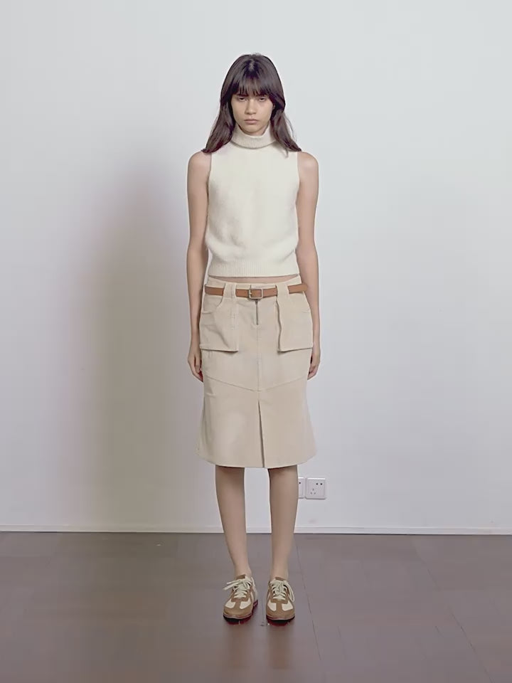 "Postcard Memory" Retro corduroy design front slit workwear fishtail skirt