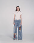 "Uninhibited splicing" retro design mid-low waist washed ripped hole splattered paint cloth patch wide-leg jeans