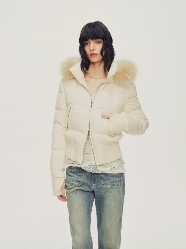 Parka courte en duvet pour femme Firelady Fur – Col en fourrure de raton laveur