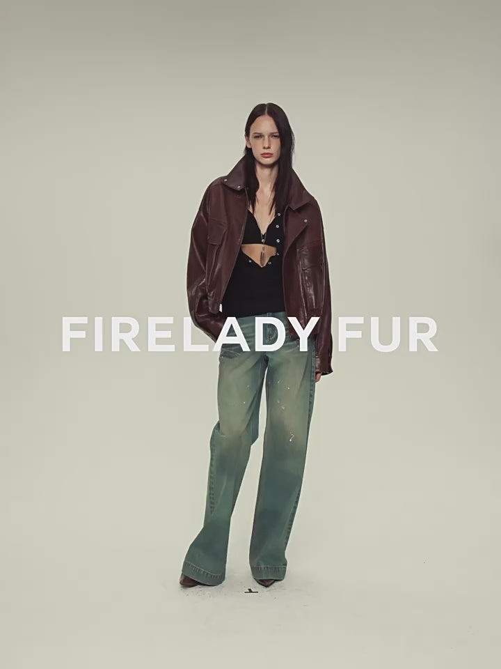 Firelady Fur Lambskin Leather Jacket – Vintage Vegetable-Tanned Funnel Neck "New York Twilight"