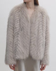 "Champagne on a Snowy Night" imported fox fur two-tone V-neck oblique stripe slim jacket