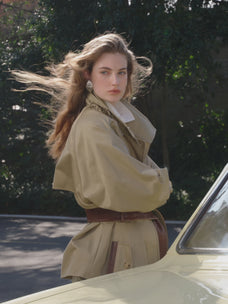 Firelady Fur Women's Belted Trench Coat - Drop Shoulder Short Jacket | "Retro Traveler" Style
