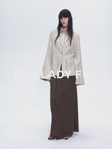 Silver Stripe Trumpet Sleeve Linen Cropped Shirt"Anonymous Letter"