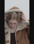 Fireladyfur Women's Faux Leather Shearling Jacket - Short Hooded Reversible Winter Coat Danish Style