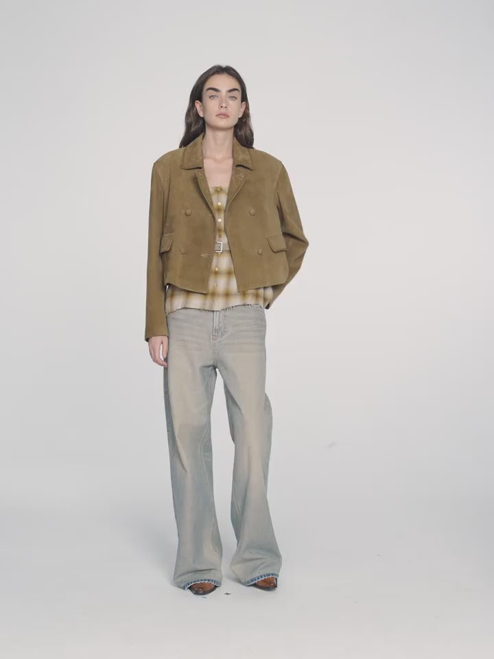 Suede lambskin retro double-breasted lapel wide-shoulder genuine leather jacket imported from New Zealand "Nth power"