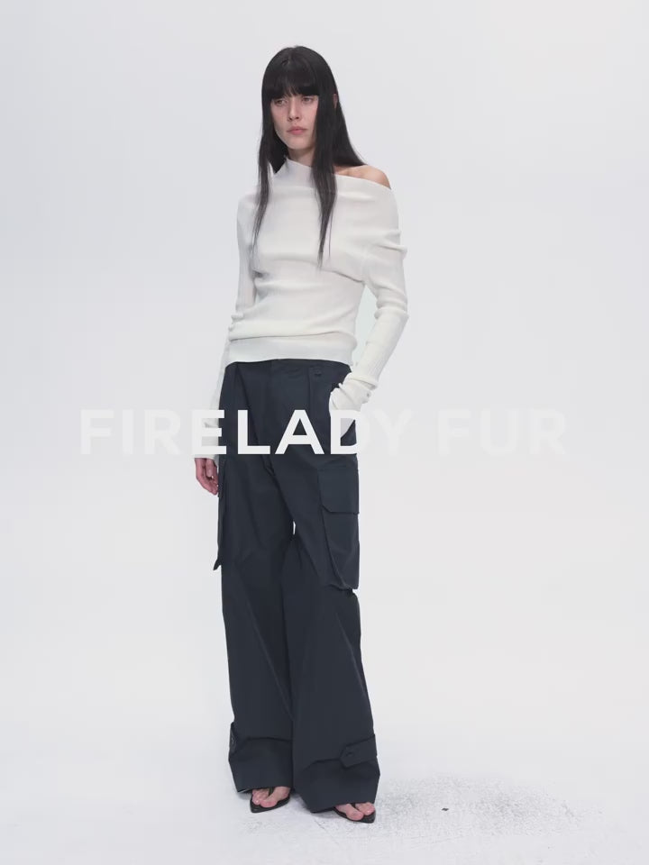 "Leisure First" Personalized three-dimensional large patch pocket straight wide-leg work trousers
