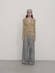 "Light and Shadow Walking" Retro Fashionable Dirty Printed Reverse-Fold Mid-Low-Waist Double-pleat Straight-leg Wide-Leg Casual Pants
