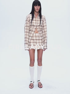 Ensemble deux pièces vintage chemise et jupe en lin, printemps "Plaid Sketch"