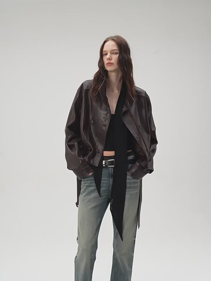 Firelady Fur Women's Waxed Sheepskin Biker Double-Breasted Funnel Neck leather jacket - Belted "Heartbeat Radio"