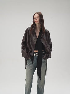 Firelady Fur Women's Waxed Sheepskin Biker Double-Breasted Funnel Neck leather jacket - Belted "Heartbeat Radio"