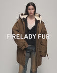 Firelady Fur Women’s Merino Sheepskin Parka with Fur Hood – Real Fur Cow Print Coat"Wild Heartbeat"
