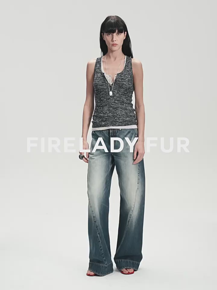 Cotton and Linen Blended Henley Collar Beaded Vest Summer"Summer Night Starry Sky"