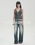 Cotton and Linen Blended Henley Collar Beaded Vest Summer"Summer Night Starry Sky"