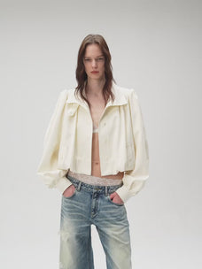 Firelady Fur Women's Cropped Trench Jacket – Ruched Balloon Sleeves