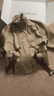 Firelady Fur Women's Belted Trench Coat - Drop Shoulder Short Jacket | "Retro Traveler" Style