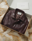 Firelady Fur Vintage Waxed Sheepskin Oversized Stand Collar Leather Jacket "Flight Notes"