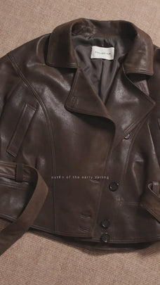 Firelady Fur Women's Waxed Sheepskin Biker Coat - Belted Asymmetric Lapel "Peninsula Black Tea"