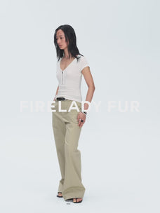 Simple Color Silent Film merino wool Tencel deep V-neck zipper short sleeve top styling video