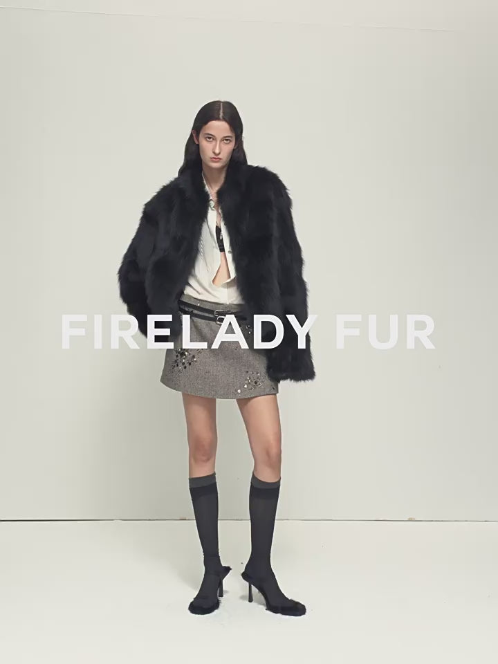 Veste en fourrure de renard Firelady pour femme, qualité Saga Furs Crown – Coupe courte ligne H avec col montant