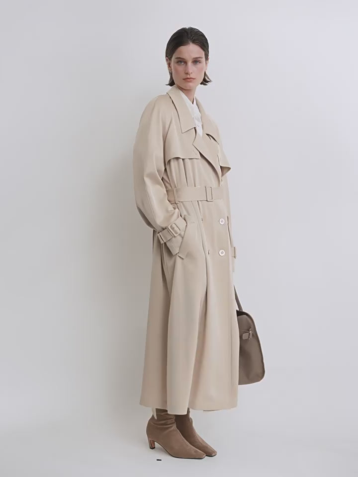 THE ARTM Women's Double-Breasted Trench Coat - Silky Acetate Long Coat with Saddle Shoulders
