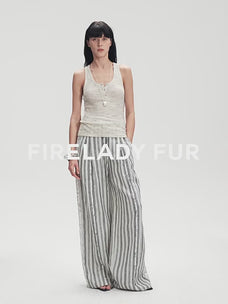 Linen Vertical Stripe Drape Wide Leg Casual Pants"Fashion Tension"