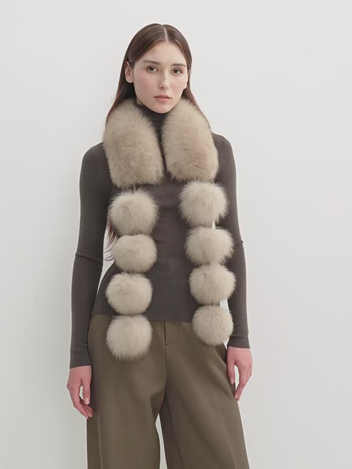 Two-Tone Fox Fur Pom-Pom Scarf for Women – Adjustable Styling, Lightweight Warmth