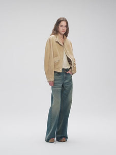 Firelady Fur Women's Suede & Oil-Wax Sheepskin Cropped Jacket – Puff-Sleeve Stand-Collar Design with Dual-Material Panels
