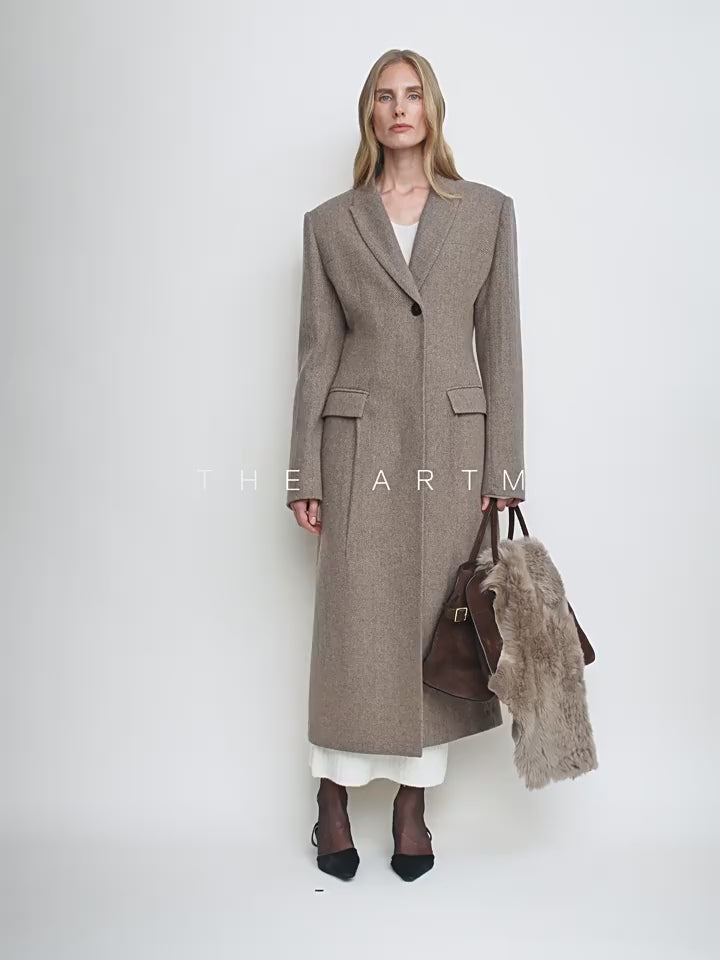 THE ARTM taupe brown 100% wool peak lapel long coat video