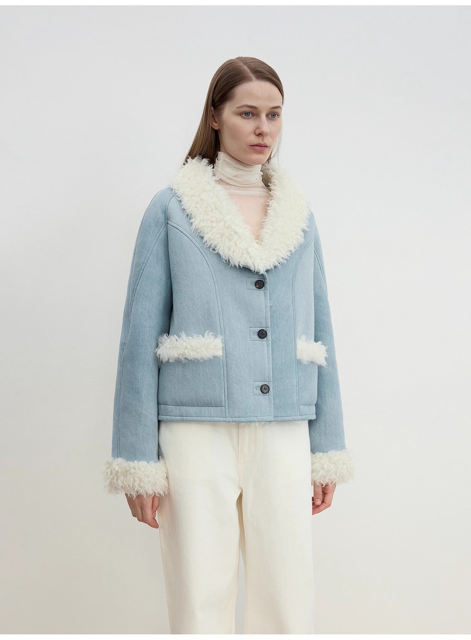 "Pure Era" imported high - quality lamb contrast color fruit collar short wool fur coat - variant_title