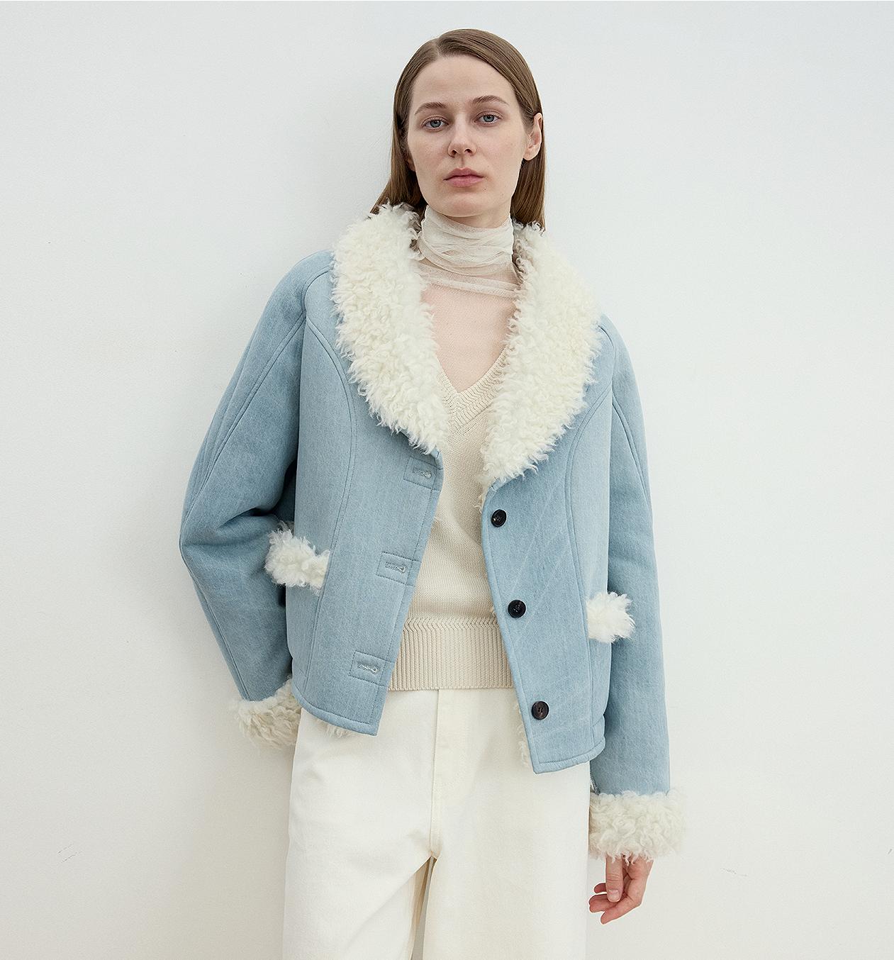 "Pure Era" imported high - quality lamb contrast color fruit collar short wool fur coat - variant_title