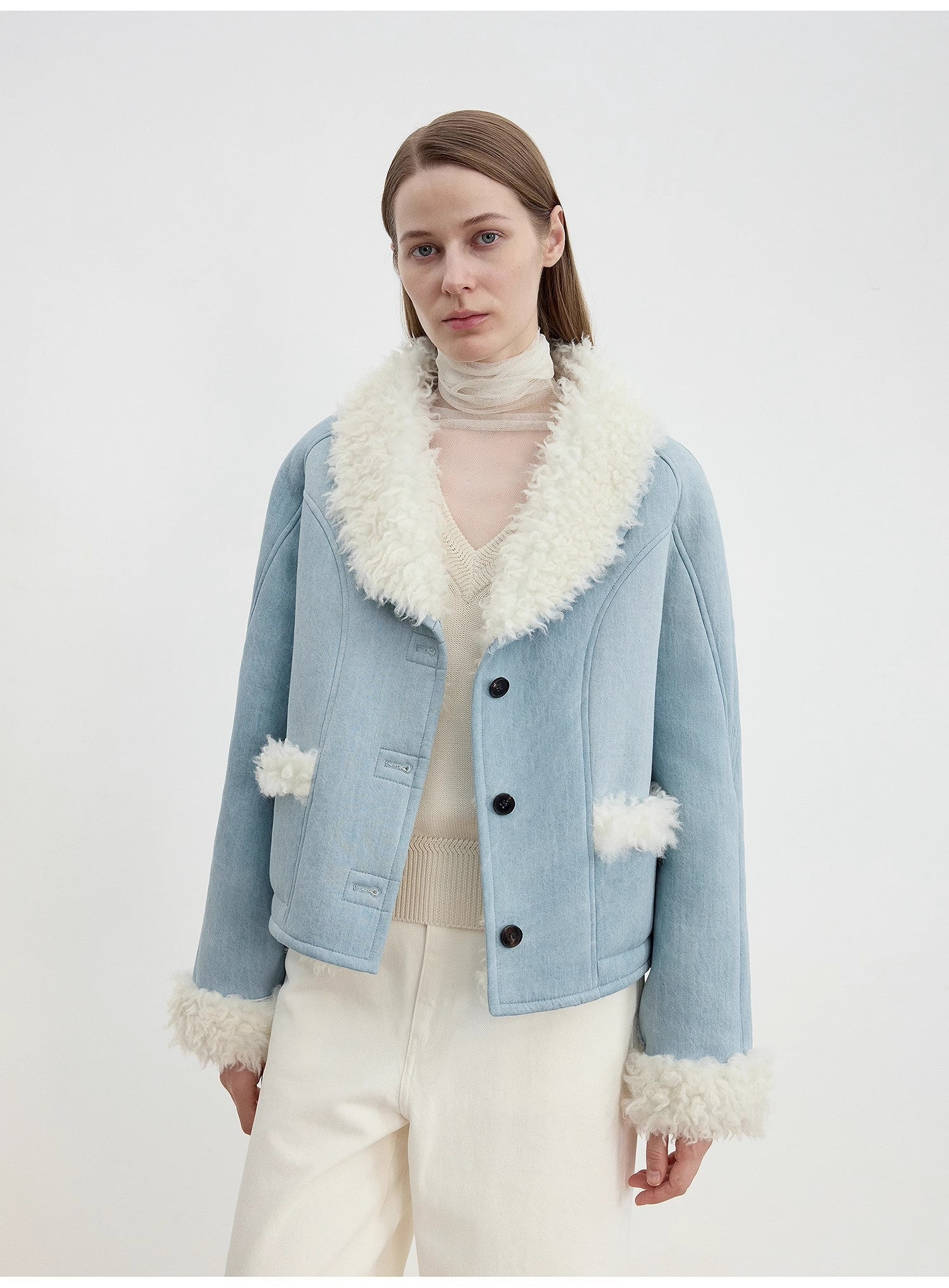 "Pure Era" imported high - quality lamb contrast color fruit collar short wool fur coat - variant_title