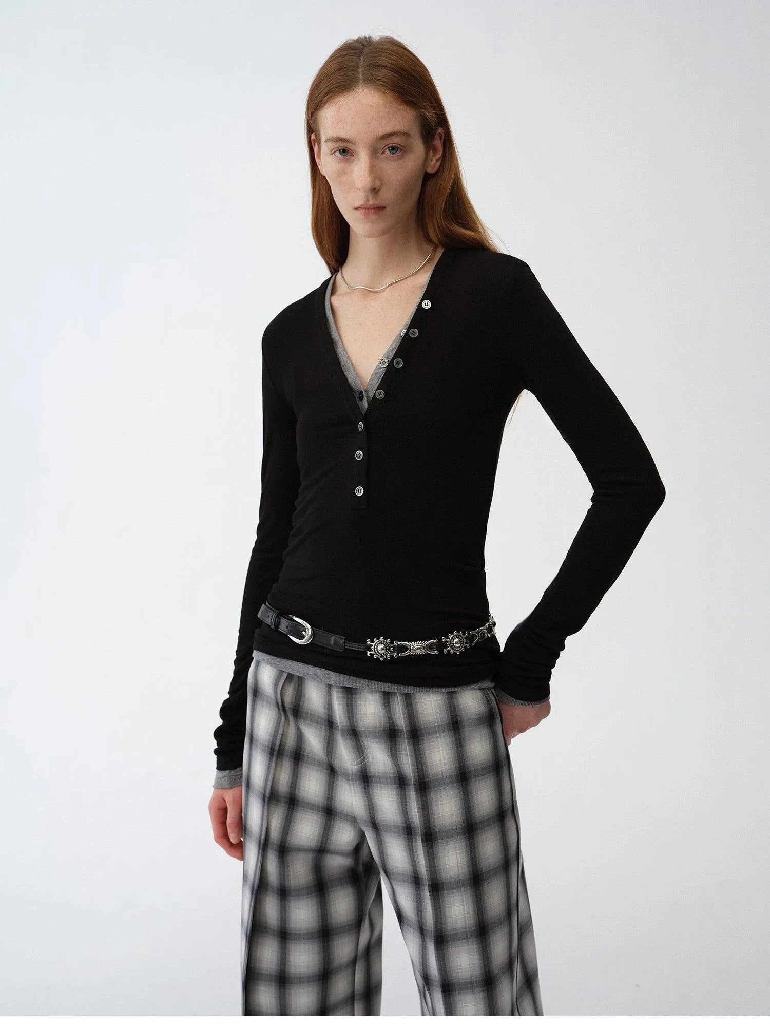 Firelady Fur Pure Fashion black V-neck long sleeve slim top on model front view