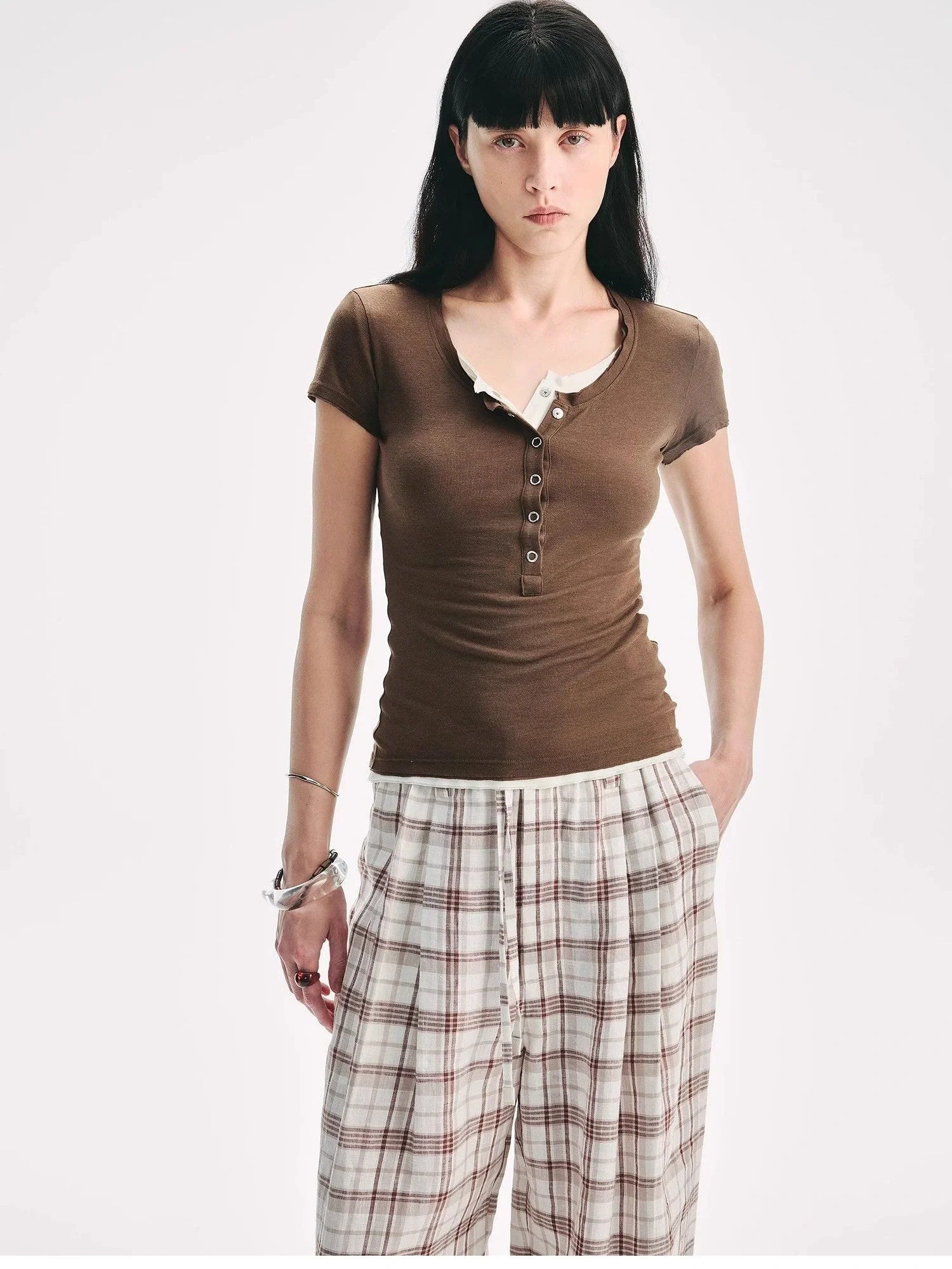 Firelady Fur Pure Fashion dark brown Henley short sleeve knit top on model front view