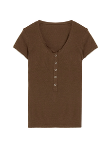 Firelady Fur Pure Fashion dark brown Henley short sleeve knit top transparent product image