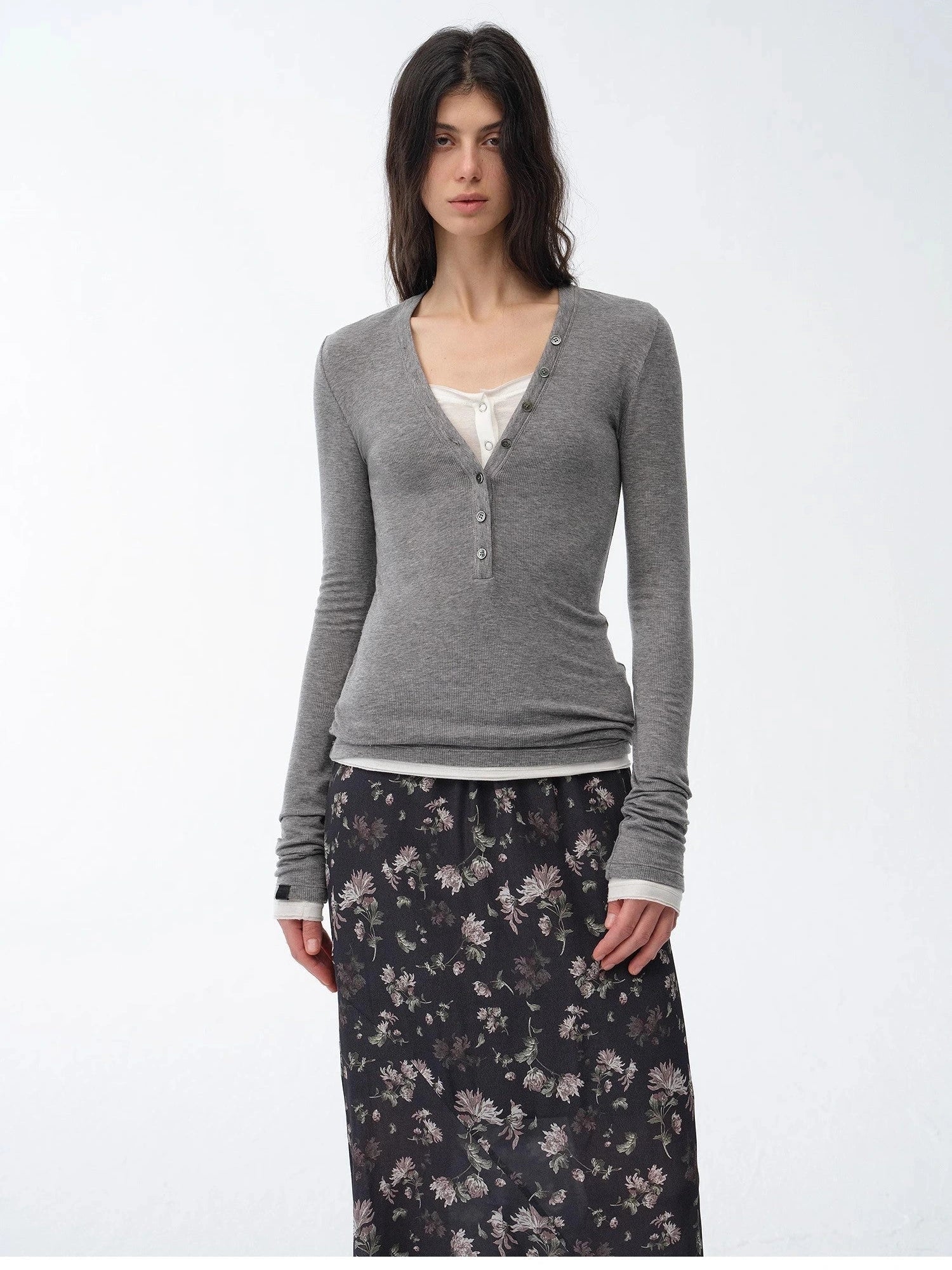 Firelady Fur Pure Fashion gray V-neck long sleeve slim top on model front view